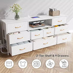 Commode à 9 tiroirs blanche de 160 cm pour chambre à coucher, meuble TV LED pour téléviseur de 75 pouces avec station de charge, prises de courant, commode de rangement en tissu, meuble console multimédia