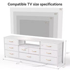 Commode à 9 tiroirs blanche de 160 cm pour chambre à coucher, meuble TV LED pour téléviseur de 75 pouces avec station de charge, prises de courant, commode de rangement en tissu, meuble console multimédia