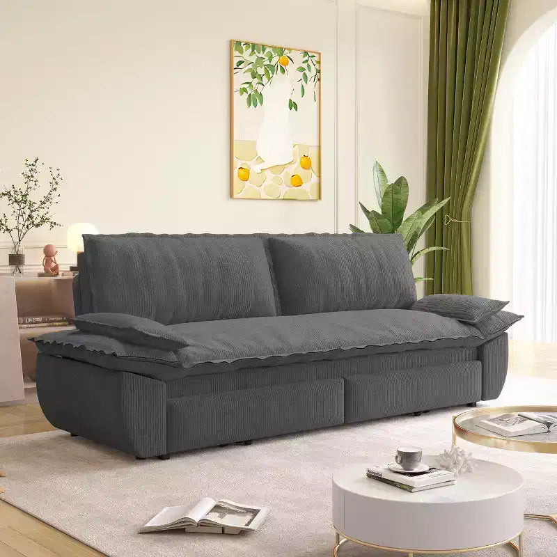 MAYEERTY 73.2 Queen Pull Out Sofa Bed, 3-in-1 Convertible Sleeper Sofa Multi-functional Corduroy Loveseat Bed Gray