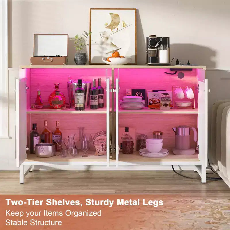 Besiost Storage Buffet Cabinet with Adjustable Shelves, Coffee Bar with Charging Station, LED Light