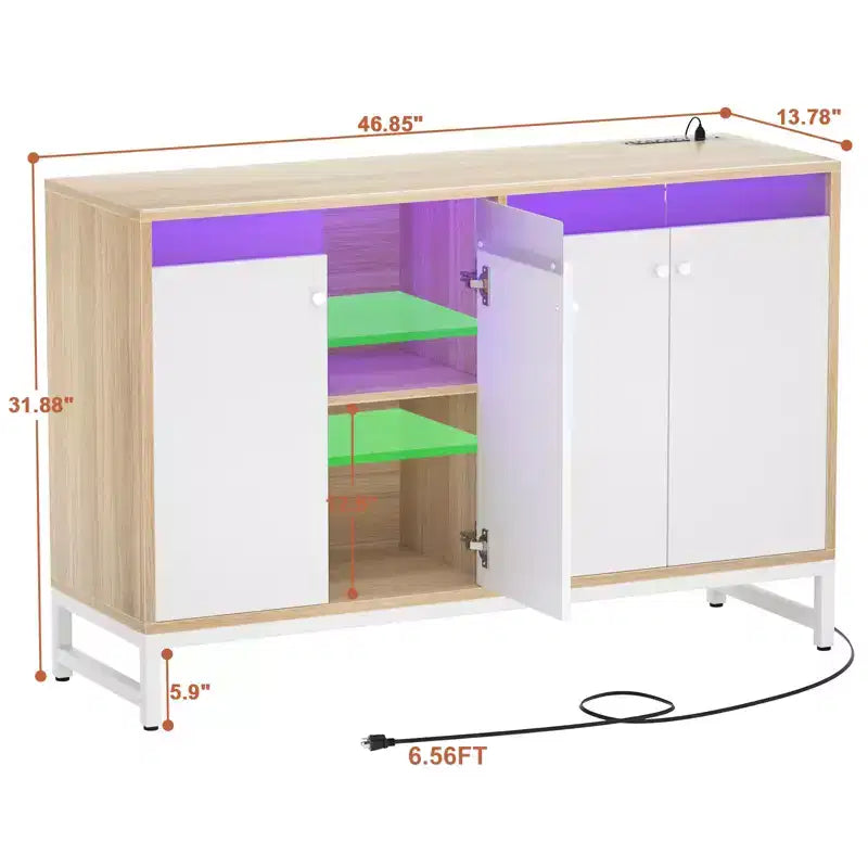 Besiost Storage Buffet Cabinet with Adjustable Shelves, Coffee Bar with Charging Station, LED Light