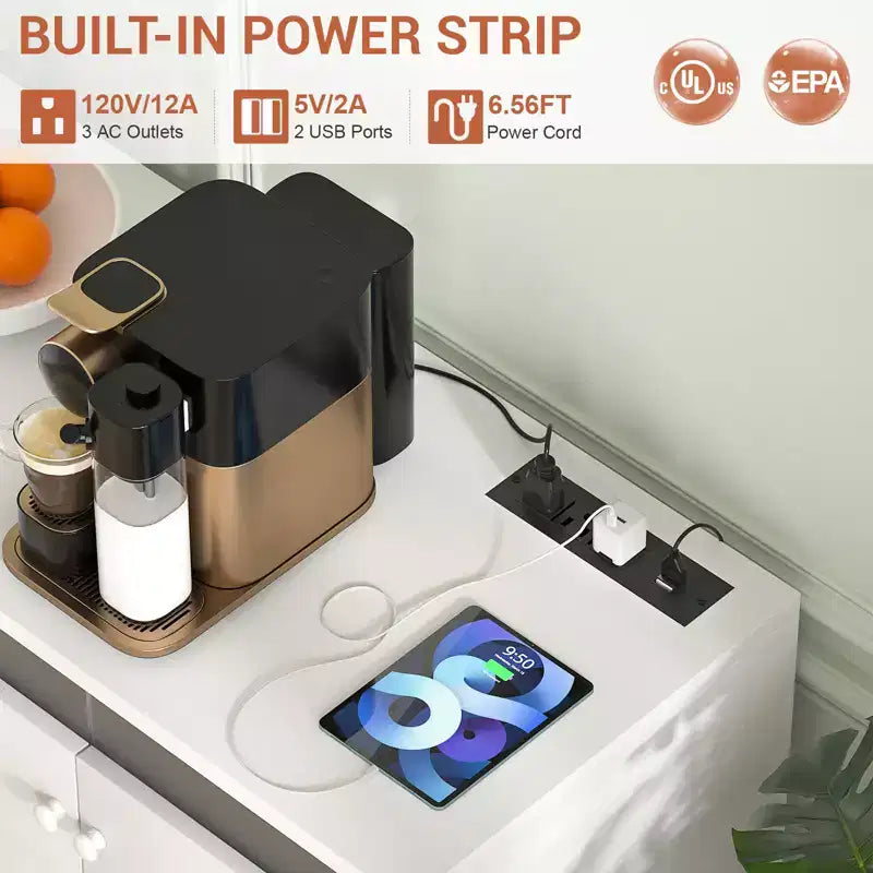 Besiost Storage Buffet Cabinet with Adjustable Shelves, Coffee Bar with Charging Station, LED Light