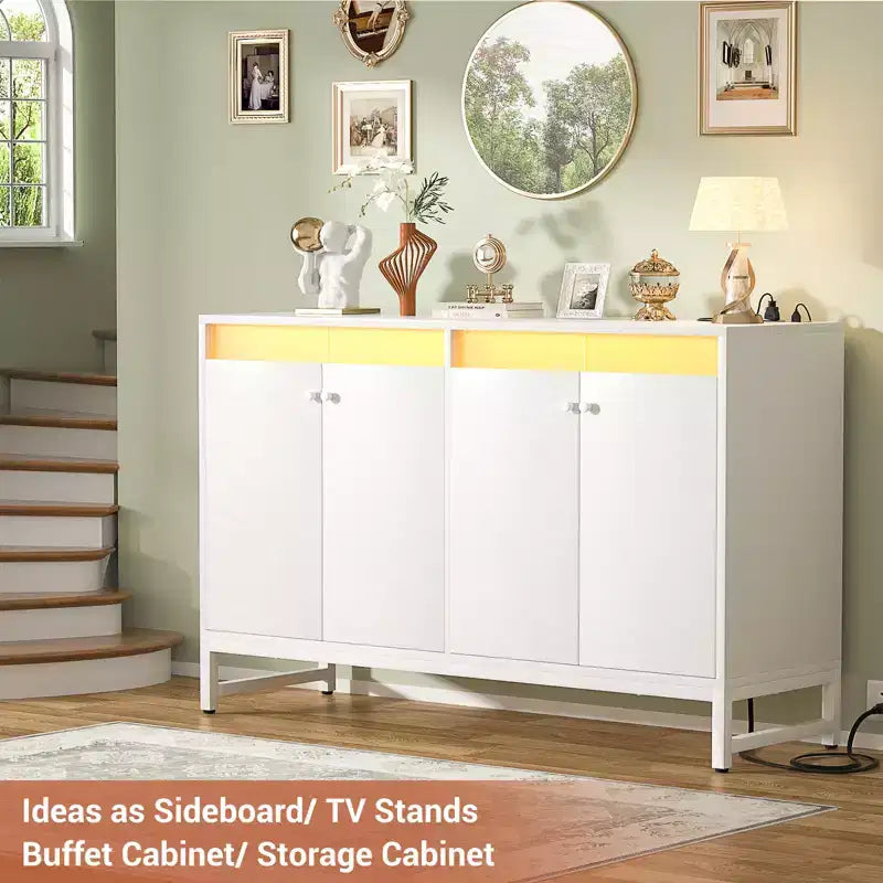 Besiost Storage Buffet Cabinet with Adjustable Shelves, Coffee Bar with Charging Station, LED Light