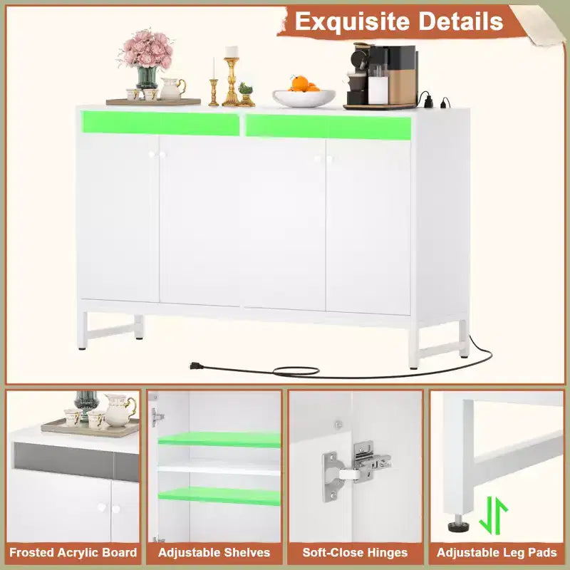 Besiost Storage Buffet Cabinet with Adjustable Shelves, Coffee Bar with Charging Station, LED Light