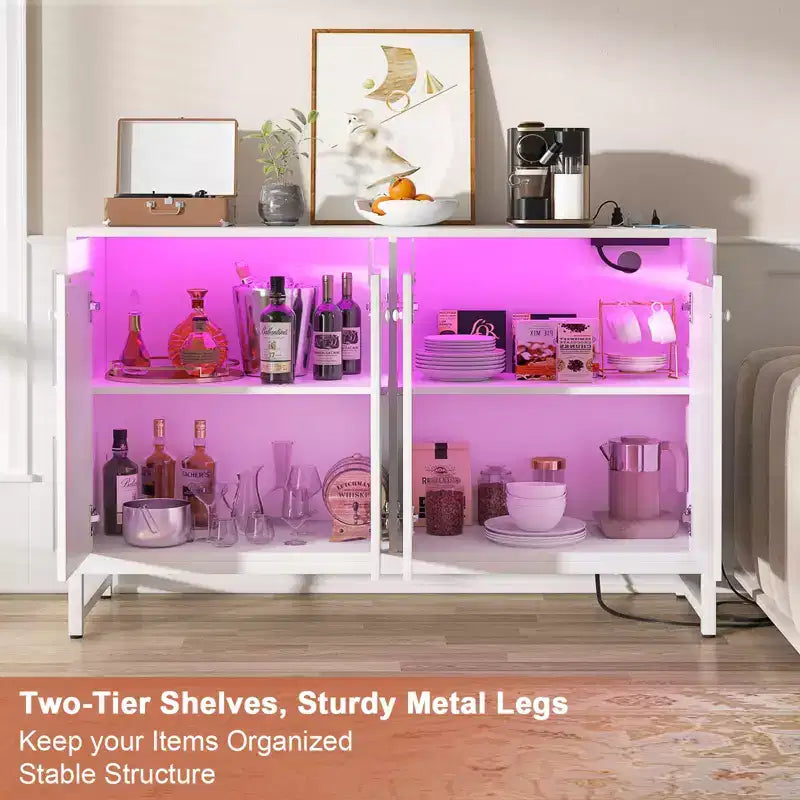 Besiost Storage Buffet Cabinet with Adjustable Shelves, Coffee Bar with Charging Station, LED Light
