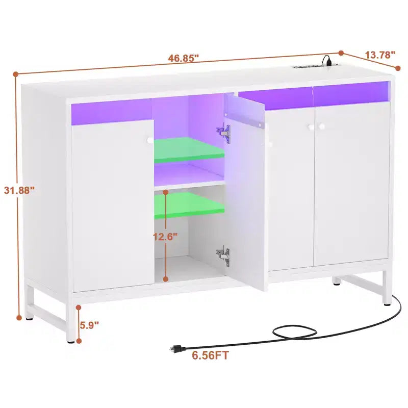 Besiost Storage Buffet Cabinet with Adjustable Shelves, Coffee Bar with Charging Station, LED Light