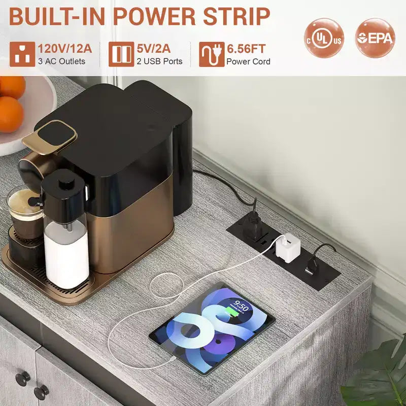 Besiost Storage Buffet Cabinet with Adjustable Shelves, Coffee Bar with Charging Station, LED Light