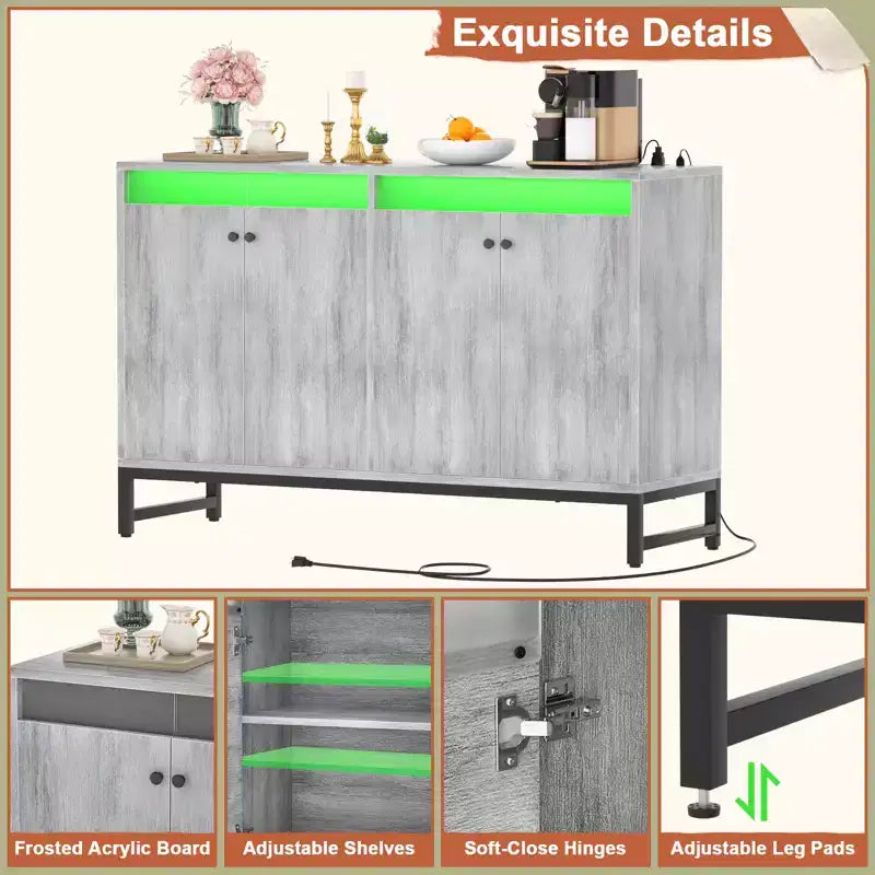 Besiost Storage Buffet Cabinet with Adjustable Shelves, Coffee Bar with Charging Station, LED Light