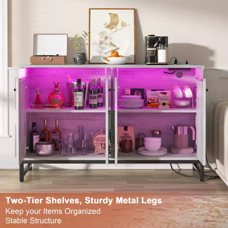 Besiost Storage Buffet Cabinet with Adjustable Shelves, Coffee Bar with Charging Station, LED Light