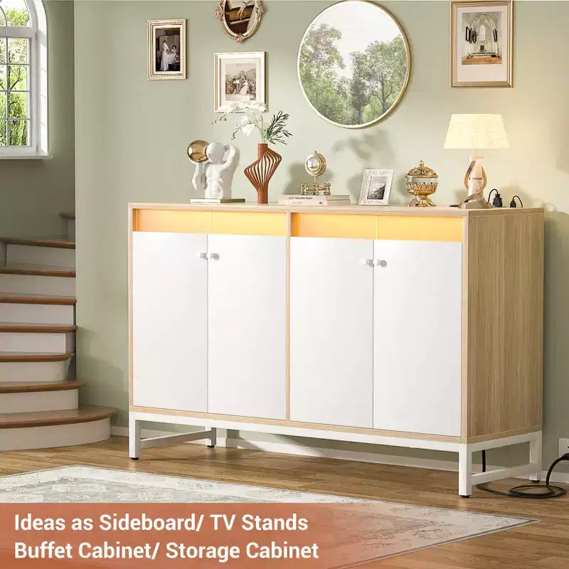 Besiost Storage Buffet Cabinet with Adjustable Shelves, Coffee Bar with Charging Station, LED Light