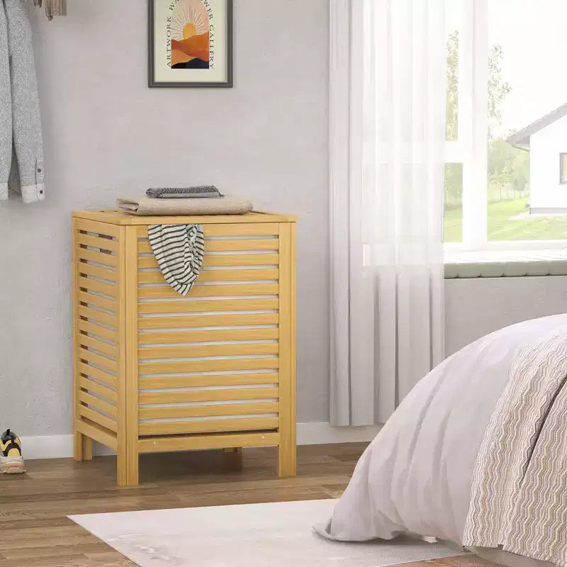 Besiost Bamboo 120L Large Laundry Basket with Lid and Removable Liner Bag, 2-Section Laundry Hamper with Storage