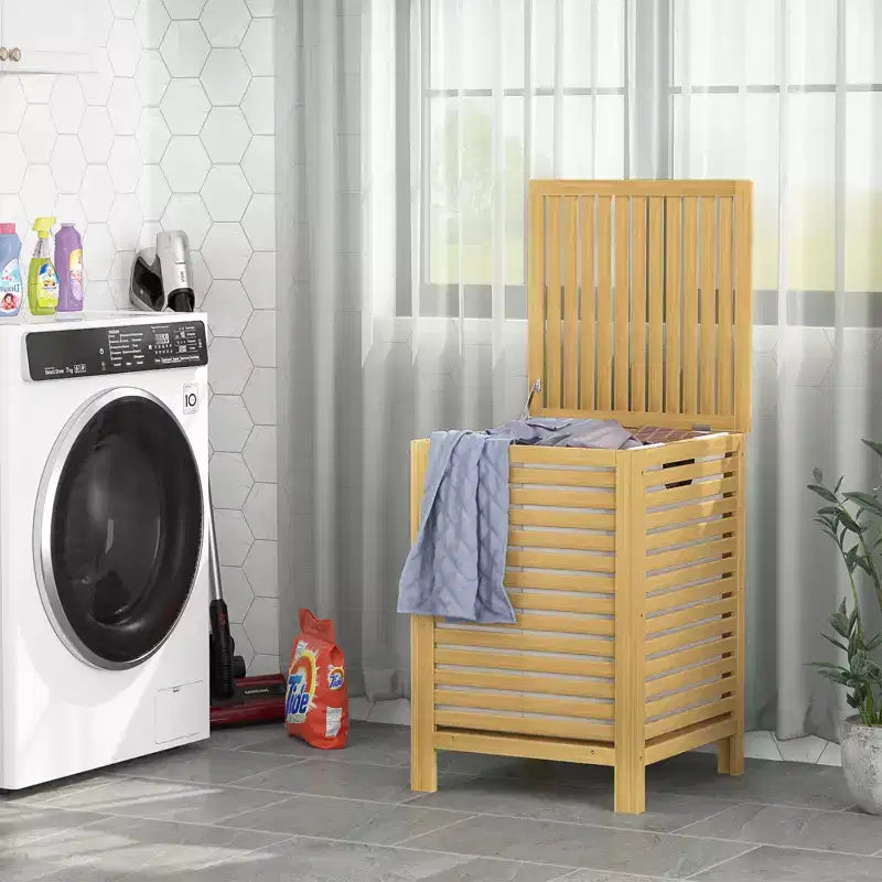 Besiost Bamboo 120L Large Laundry Basket with Lid and Removable Liner Bag, 2-Section Laundry Hamper with Storage