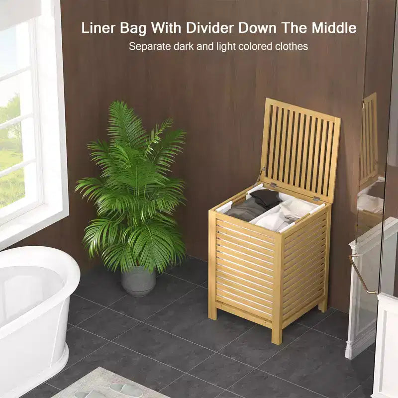 Besiost Bamboo 120L Large Laundry Basket with Lid and Removable Liner Bag, 2-Section Laundry Hamper with Storage