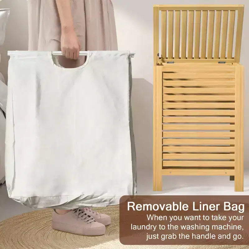 Besiost Bamboo 120L Large Laundry Basket with Lid and Removable Liner Bag, 2-Section Laundry Hamper with Storage