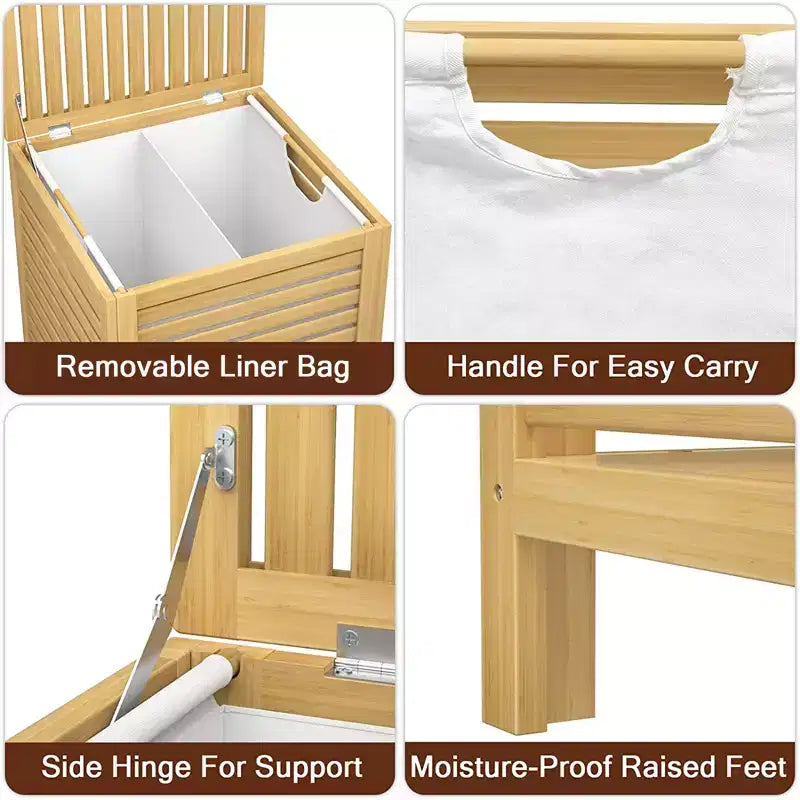 Besiost Bamboo 120L Large Laundry Basket with Lid and Removable Liner Bag, 2-Section Laundry Hamper with Storage