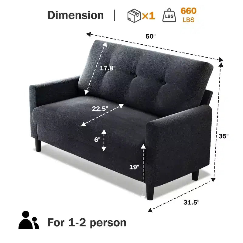 Dyonery Petit canapé deux places, canapé confortable de 127 cm avec coussins épais, canapé deux places sans outils pour chambre, petit canapé deux places pour petits espaces