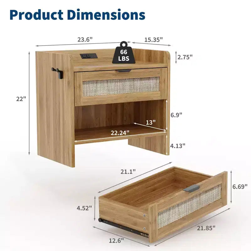 Table de chevet en rotin (lot de 2), avec station de charge USB-C - 1 tiroir et espace de rangement ouvert, table d'appoint bohème