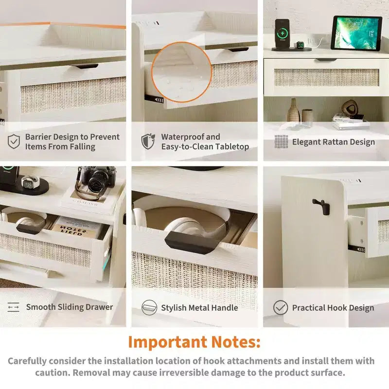 Table de chevet en rotin (lot de 2), avec station de charge USB-C - 1 tiroir et espace de rangement ouvert, table d'appoint bohème
