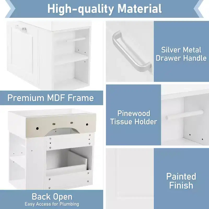 Meuble sous-vasque de salle de bain mural de 21,8 po avec lavabo, meuble de rangement de salle de bain avec tiroirs, meuble-lavabo simple avec étagère réglable