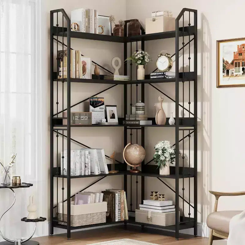 Bibliothèque d'angle en forme de L de 72 pouces, étagère haute à 5 niveaux avec motif perlé, grand meuble de rangement pour salon ou chambre, finition noire