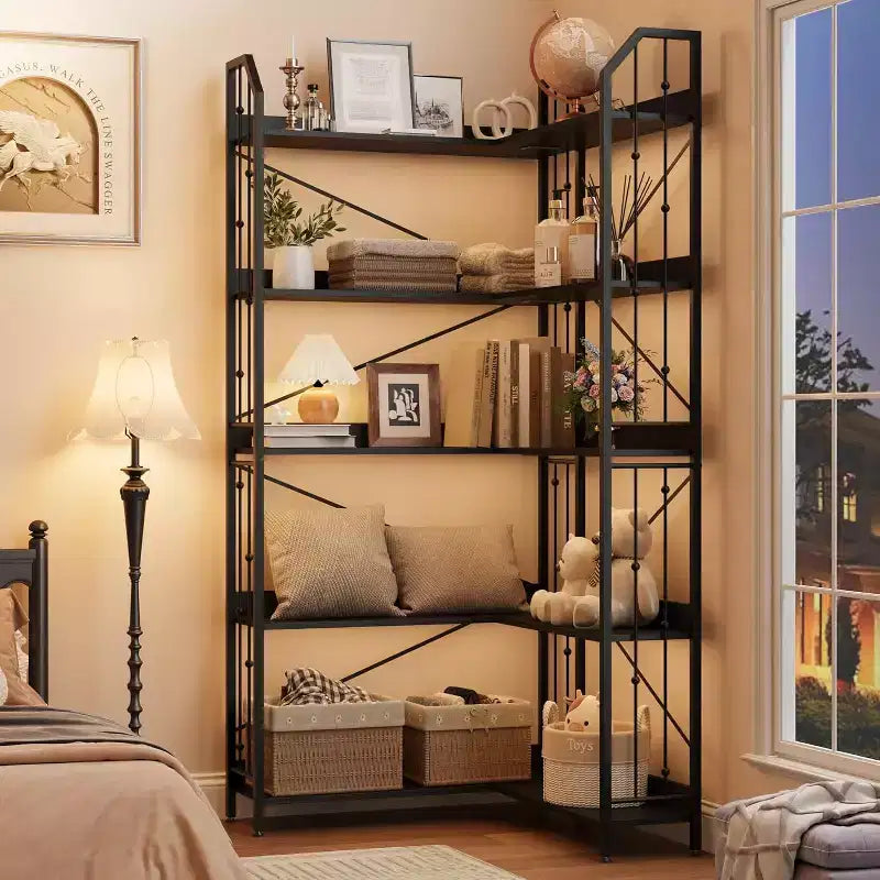 Bibliothèque d'angle en forme de L de 72 pouces, étagère haute à 5 niveaux avec motif perlé, grand meuble de rangement pour salon ou chambre, finition noire