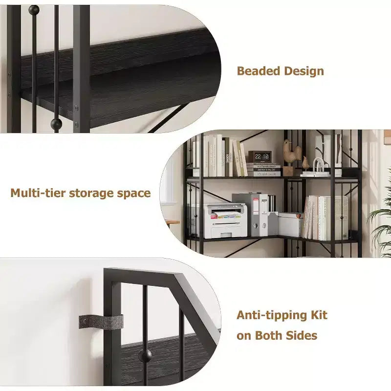 Bibliothèque d'angle en forme de L de 72 pouces, étagère haute à 5 niveaux avec motif perlé, grand meuble de rangement pour salon ou chambre, finition noire