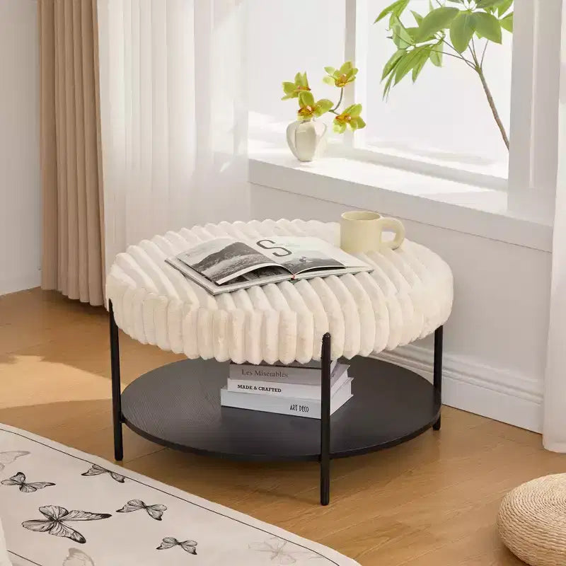 TUYOHW 2-Tier Round Coffee Table Ottoman,30.9 Fluffy Faux Fur Storage Footstool for Living Room,Elegant Center Table with 275lbs Capacity