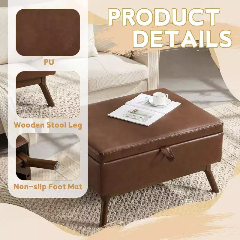 TUYOHW 23.2 Pouf de rangement mi-siècle pour salon et chambre, repose-pieds polyvalent, pouf de table basse en cuir PU, capacité de 180 kg