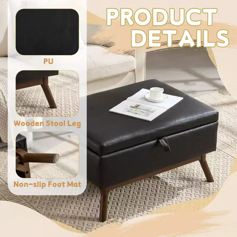 TUYOHW 23.2 Pouf de rangement mi-siècle pour salon et chambre, repose-pieds polyvalent, pouf de table basse en cuir PU, capacité de 180 kg