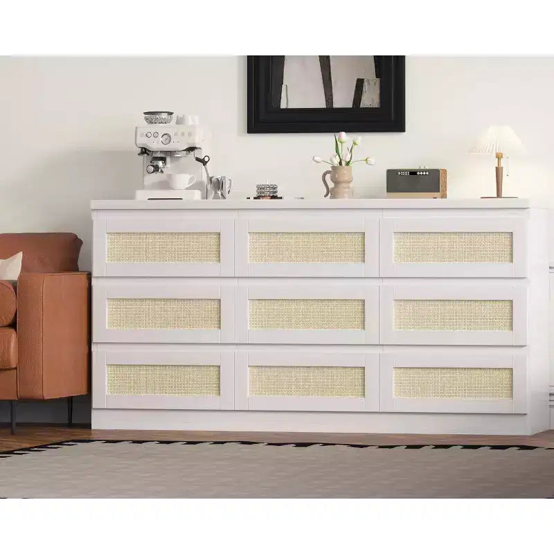 Rattan 9 Drawer Dresser with Charging Station, Farmhouse Chest of Drawers, Wide Closet Dresser Storage Organizer for Bedroom, Living Room, Entryway