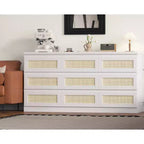 Rattan 9 Drawer Dresser with Charging Station, Farmhouse Chest of Drawers, Wide Closet Dresser Storage Organizer for Bedroom, Living Room, Entryway