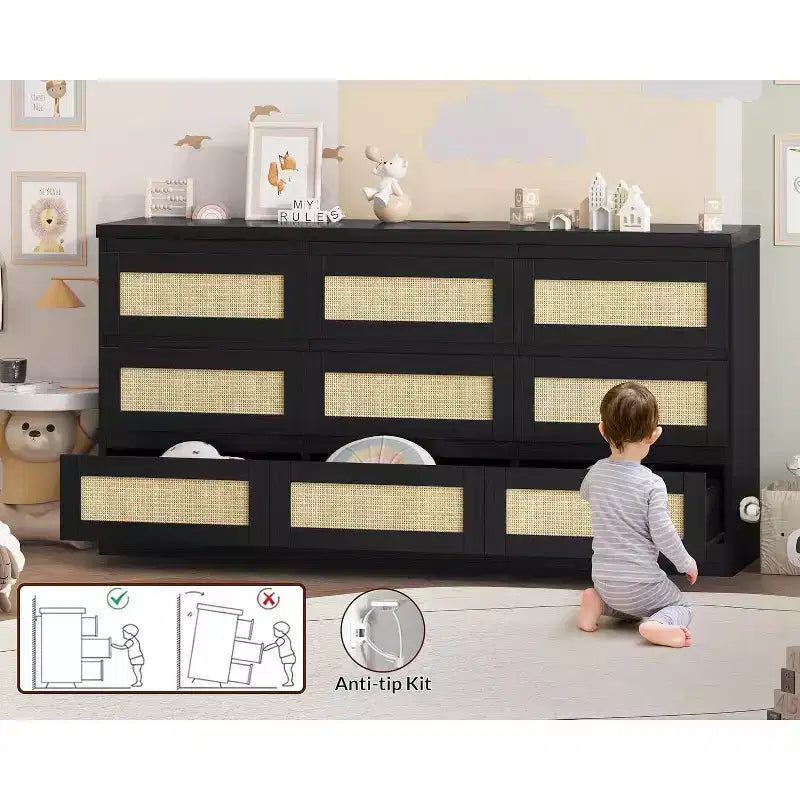 Rattan 9 Drawer Dresser with Charging Station, Farmhouse Chest of Drawers, Wide Closet Dresser Storage Organizer for Bedroom, Living Room, Entryway