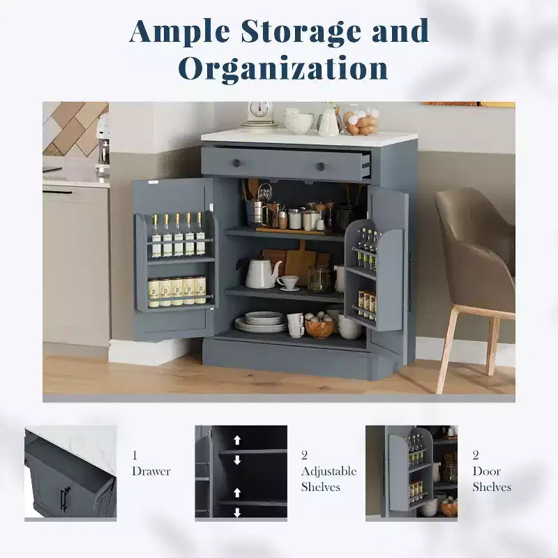 TUYOHW Armoire de cuisine autonome, buffet avec plateau en faux marbre, 2 étagères réglables, tiroir coulissant, buffet de rangement pour salle à manger