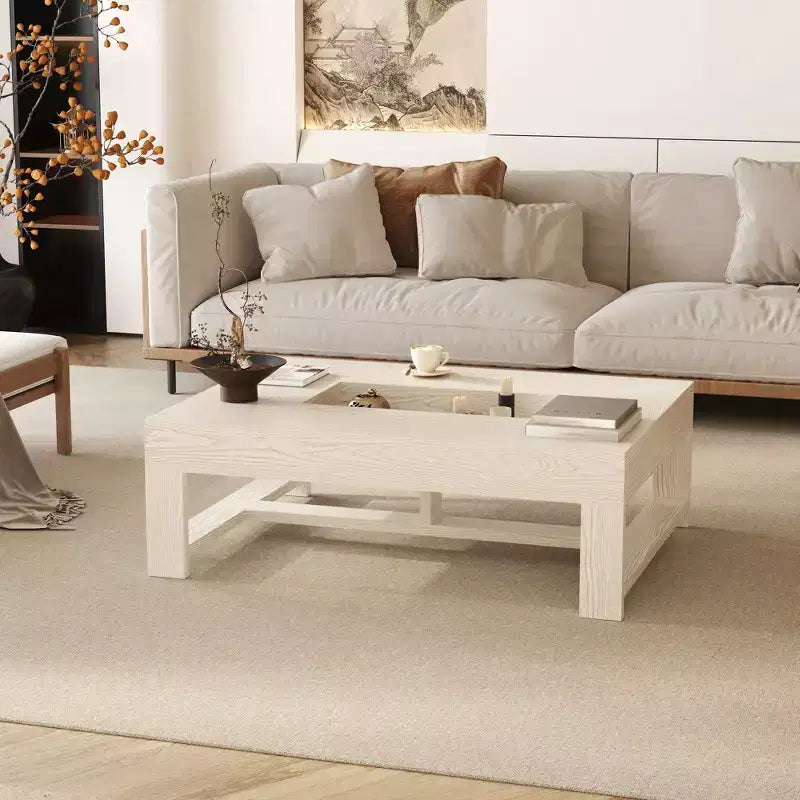 Famapy Warm Coffee Table White Wood Grain Center Table Sofa Side Table 176LBS Load-Bearing Built-In Storage Organizer Rectangle/Square Coffee Table
