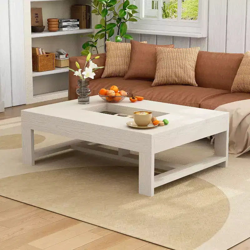 Famapy Warm Coffee Table White Wood Grain Center Table Sofa Side Table 176LBS Load-Bearing Built-In Storage Organizer Rectangle/Square Coffee Table
