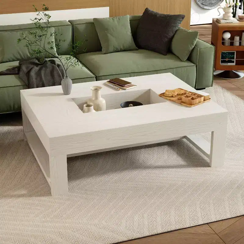 Famapy Warm Coffee Table White Wood Grain Center Table Sofa Side Table 176LBS Load-Bearing Built-In Storage Organizer Rectangle/Square Coffee Table