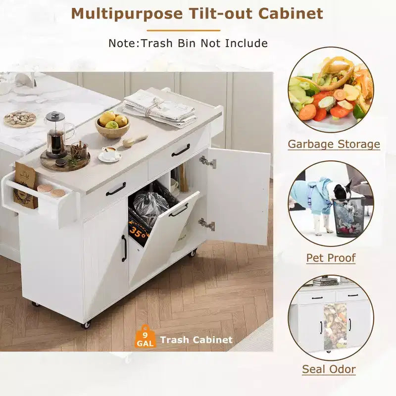 JVNOXK Multi-Functional Folding Kitchen Cart Island with Trash Bin, Storage Cabinet, and Drawers Wheeled Island with Adjustable Shelves White