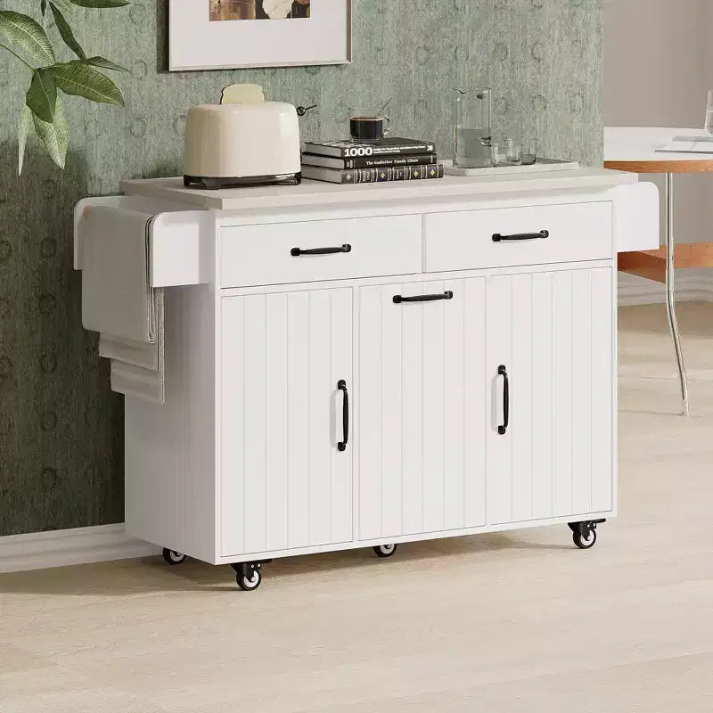 JVNOXK Multi-Functional Folding Kitchen Cart Island with Trash Bin, Storage Cabinet, and Drawers Wheeled Island with Adjustable Shelves White