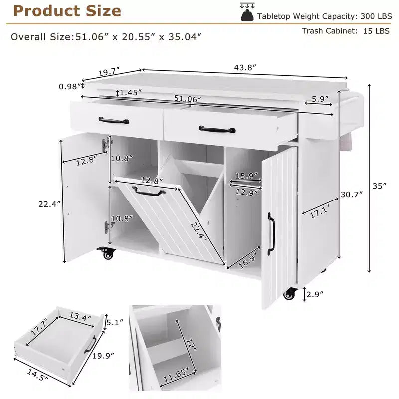JVNOXK Multi-Functional Folding Kitchen Cart Island with Trash Bin, Storage Cabinet, and Drawers Wheeled Island with Adjustable Shelves White
