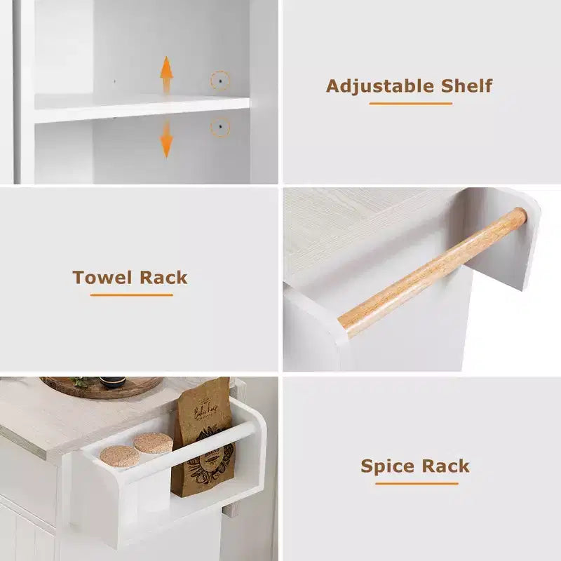 JVNOXK Multi-Functional Folding Kitchen Cart Island with Trash Bin, Storage Cabinet, and Drawers Wheeled Island with Adjustable Shelves White