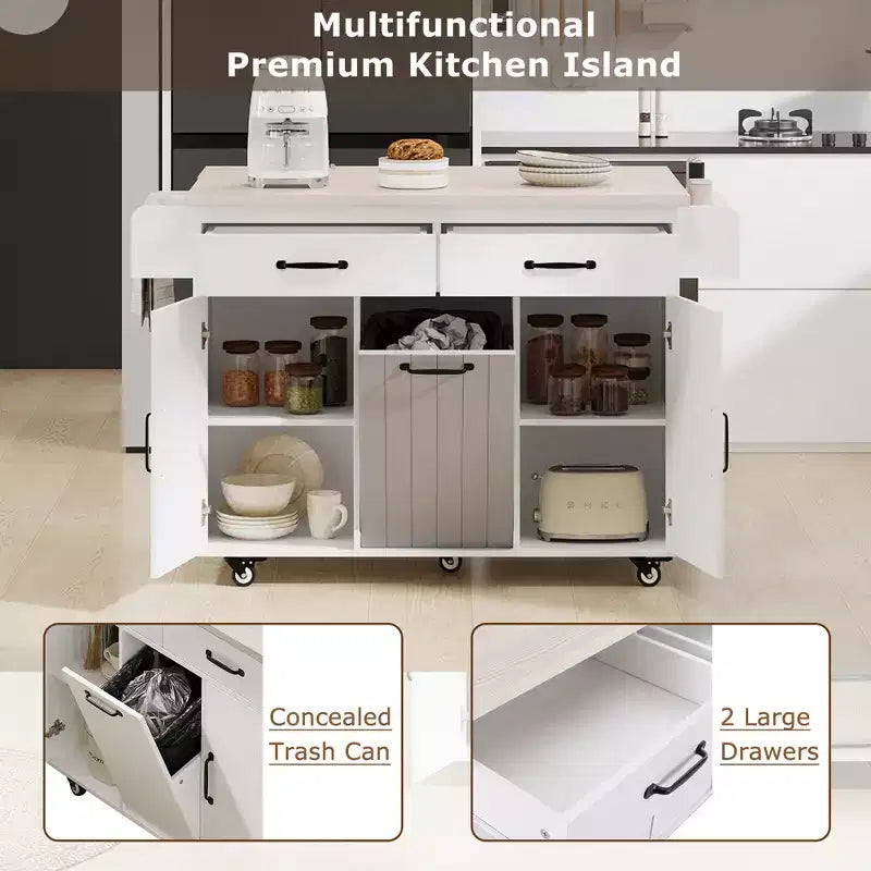 JVNOXK Multi-Functional Folding Kitchen Cart Island with Trash Bin, Storage Cabinet, and Drawers Wheeled Island with Adjustable Shelves White