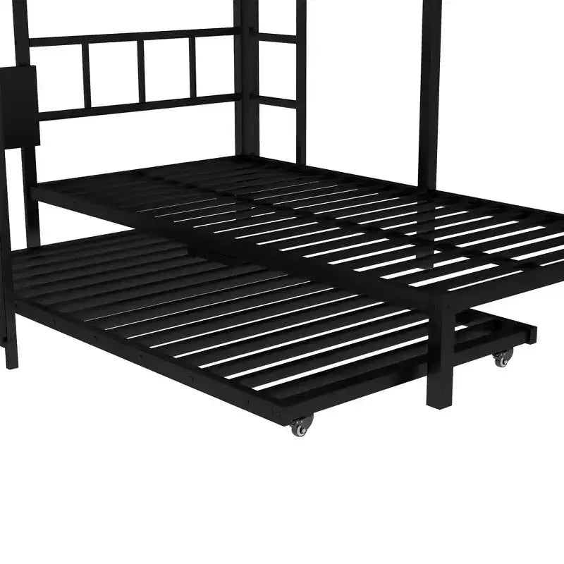 Bellemave Bunk Bed with Trundle and Built-in Wardrobe,Metal Bunk Bed Frame with Foldable Desk and Ladder, Noise-reduced design,Black