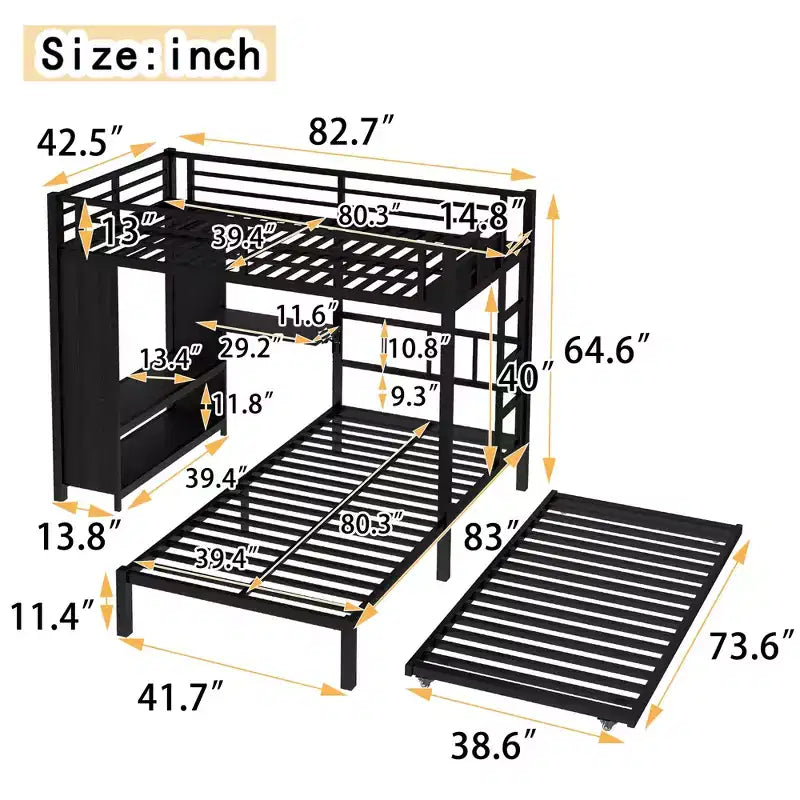Bellemave Bunk Bed with Trundle and Built-in Wardrobe,Metal Bunk Bed Frame with Foldable Desk and Ladder, Noise-reduced design,Black