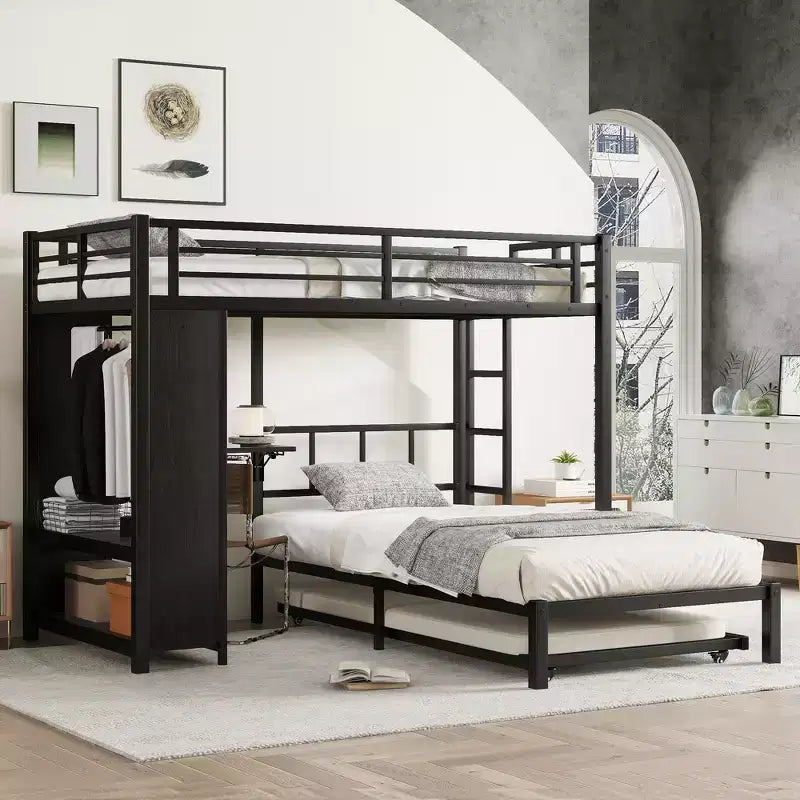 Bellemave Bunk Bed with Trundle and Built-in Wardrobe,Metal Bunk Bed Frame with Foldable Desk and Ladder, Noise-reduced design,Black