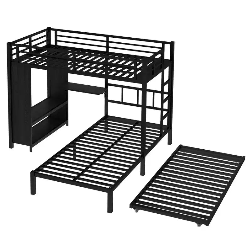Bellemave Bunk Bed with Trundle and Built-in Wardrobe,Metal Bunk Bed Frame with Foldable Desk and Ladder, Noise-reduced design,Black