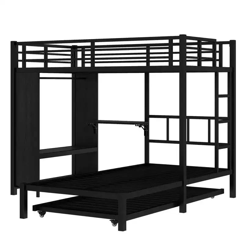Bellemave Bunk Bed with Trundle and Built-in Wardrobe,Metal Bunk Bed Frame with Foldable Desk and Ladder, Noise-reduced design,Black