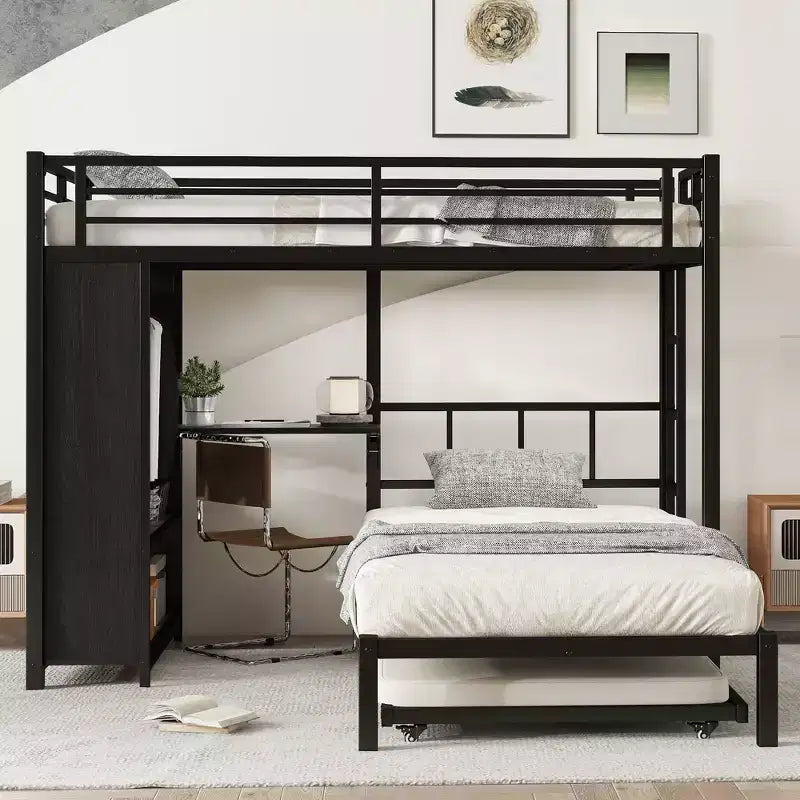 Bellemave Bunk Bed with Trundle and Built-in Wardrobe,Metal Bunk Bed Frame with Foldable Desk and Ladder, Noise-reduced design,Black