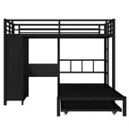 Bellemave Bunk Bed with Trundle and Built-in Wardrobe,Metal Bunk Bed Frame with Foldable Desk and Ladder, Noise-reduced design,Black