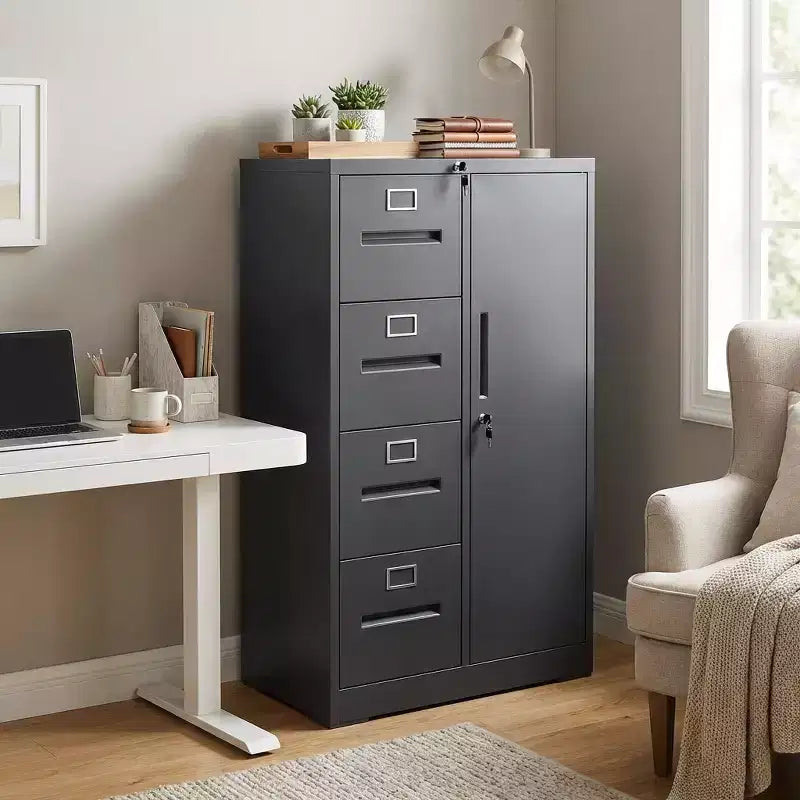 VIYET 52H Armoire de rangement verticale en métal à 4 tiroirs et 1 porte avec serrure, classeur en acier noir pour bureau à domicile/école/salon
