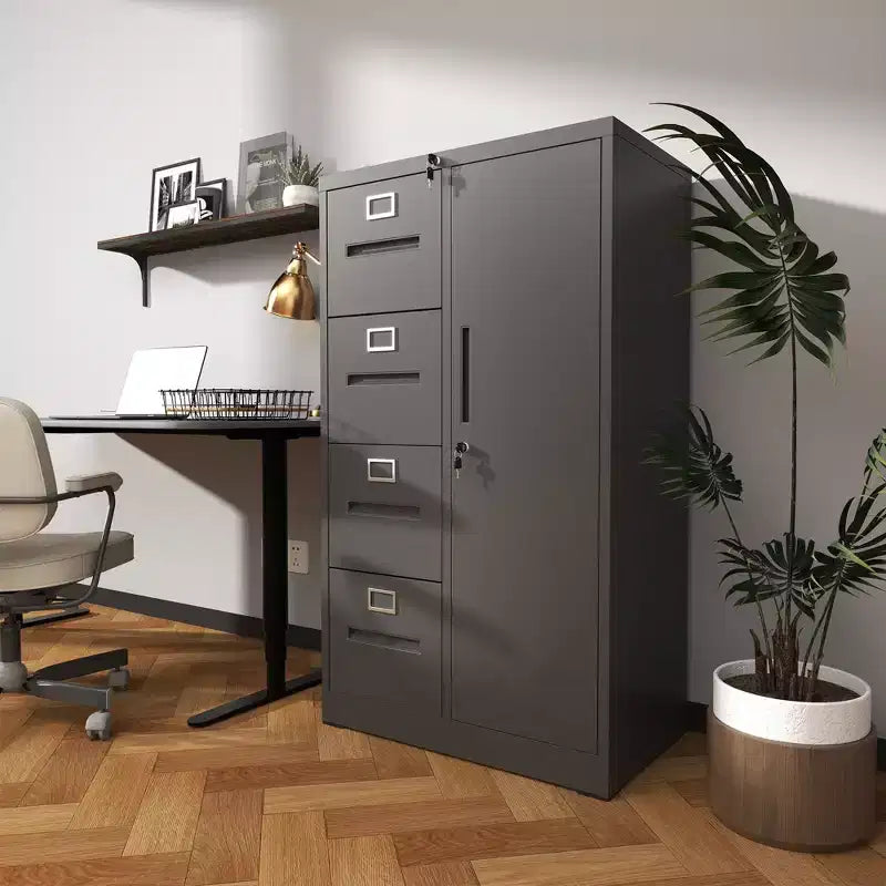 VIYET 52H Armoire de rangement verticale en métal à 4 tiroirs et 1 porte avec serrure, classeur en acier noir pour bureau à domicile/école/salon